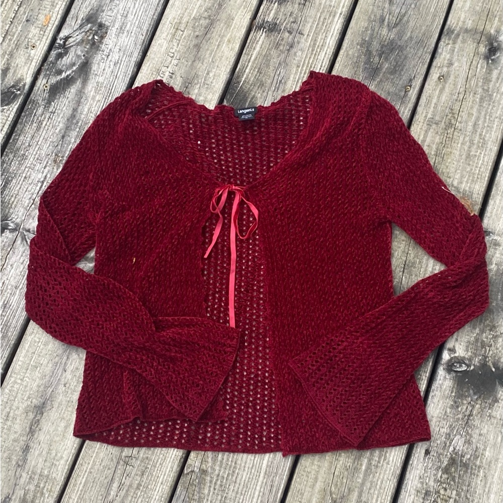 Burgundy red rayon crochet tie sweater cardigan with velvet ribbon bow in middle